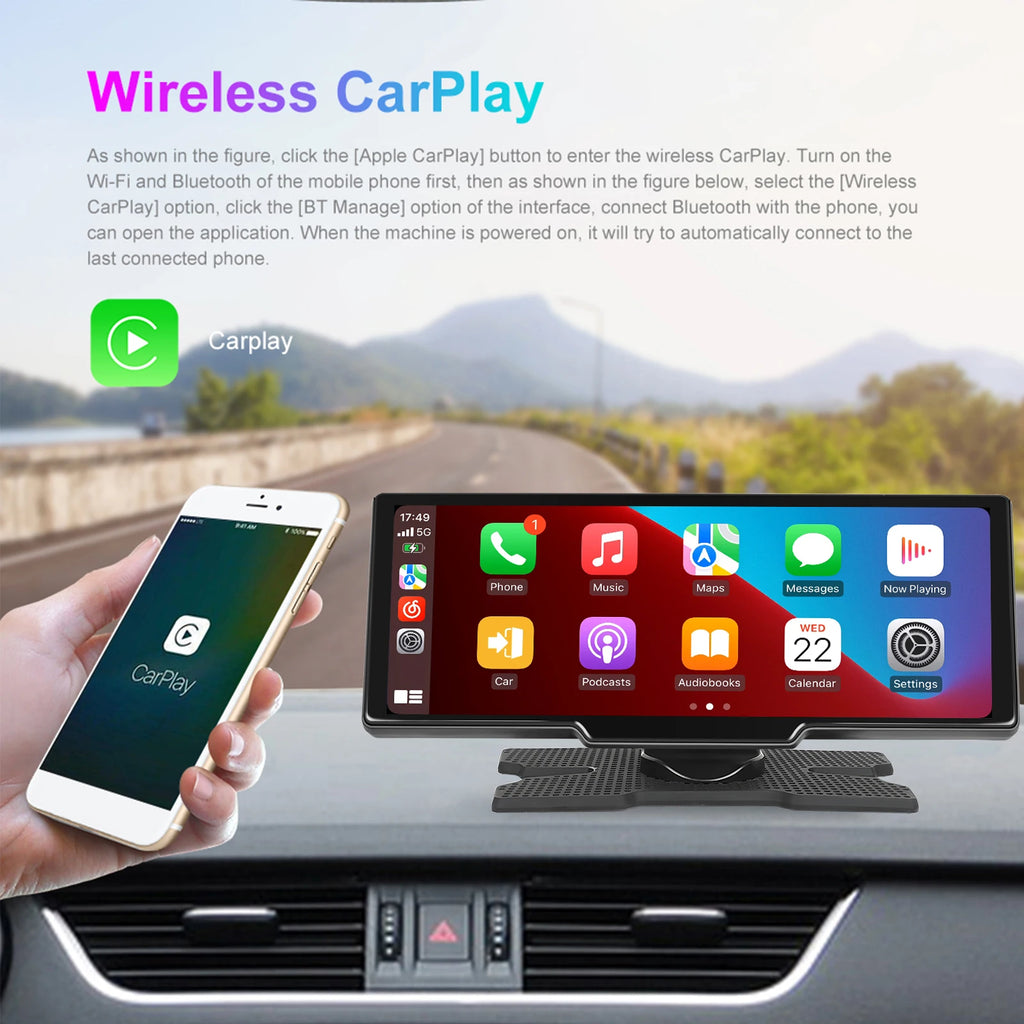 Podofo Wireless Carplay Portable Digital Dashboard Android Auto 10.26 Inch Smart Player With Voice Control 1080P BT TF