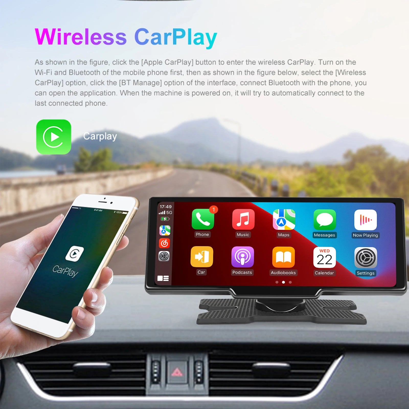 Podofo Wireless Carplay Portable Digital Dashboard Android Auto 10.26 Inch Smart Player With Voice Control 1080P BT TF