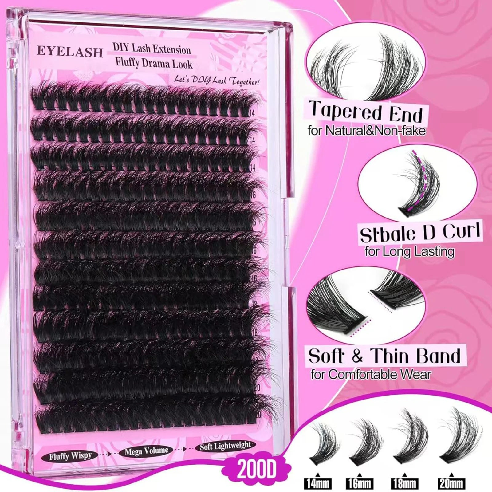 200D Faux mink lash extenstions manga individual cluster lashes 14-20mm natural long black eyelashes D Curl false eyelash makeup