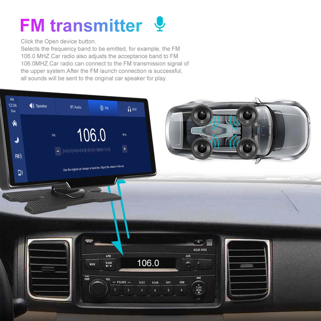 Podofo Wireless Carplay Portable Digital Dashboard Android Auto 10.26 Inch Smart Player With Voice Control 1080P BT TF