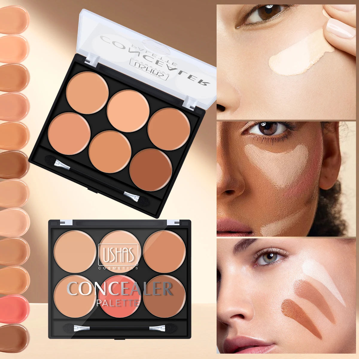 USHAS 6-Color Concealer Palette, Cover Spots Dark Circles, Moist Non-Caking, Contour Brighten, For Beginners Daily Makeup