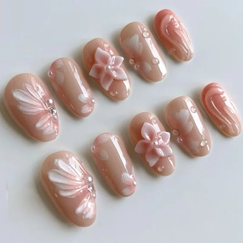 24PCS Pink Almond Press on Nails Full Cover Carved Flower 3D Ripples French Fake Nails for Women with Golden Pearl Wearable Nail
