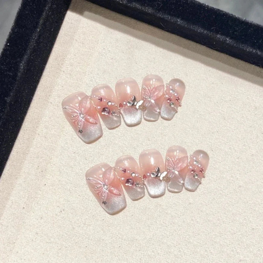 10Pcs Sweet Cute Handmade Press on Nails Flower Butterfly Fake Nails Glossy Diamond False Nails Full Cover Acrylic Nail Tips Art